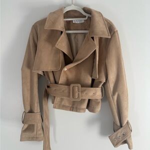Tan Cropped Belted Trench Jacket – Suede Look, Lined, Size S